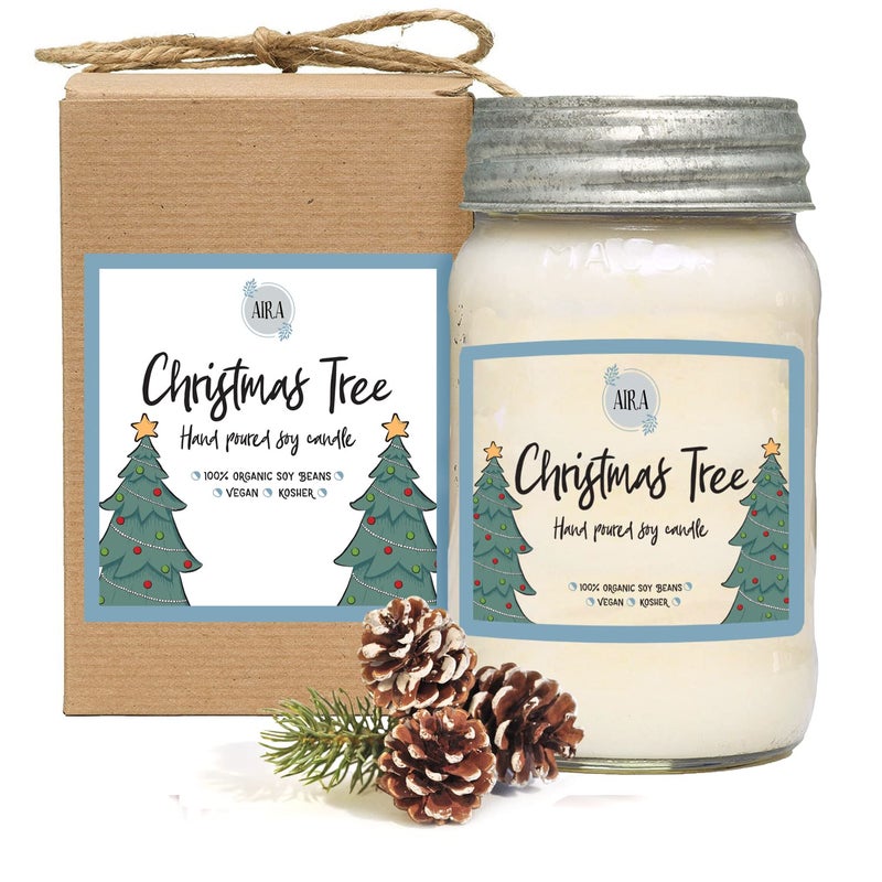 Aira Soy Candles - Organic, Kosher, Vegan, in Mason Jar w/Essential Oils - Hand-Poured 100% Soy Candle Wax - Paraffin Free, 110+ Hours - Pine Scent Holiday Candle - Christmas Tree Scent - 16 Ounces - Image 1